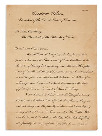WILSON, WOODROW. Letter Signed, as President, to President of the Republic of Cuba Mario García Menocal,
